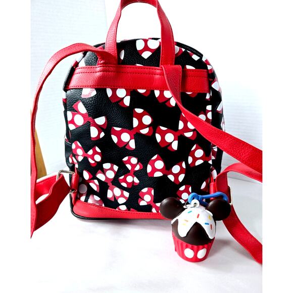 Disney Parks Backpack Minnie Mouse Large Bow Bag w/ Mickey Cupcake Keychain - Picture 8 of 13